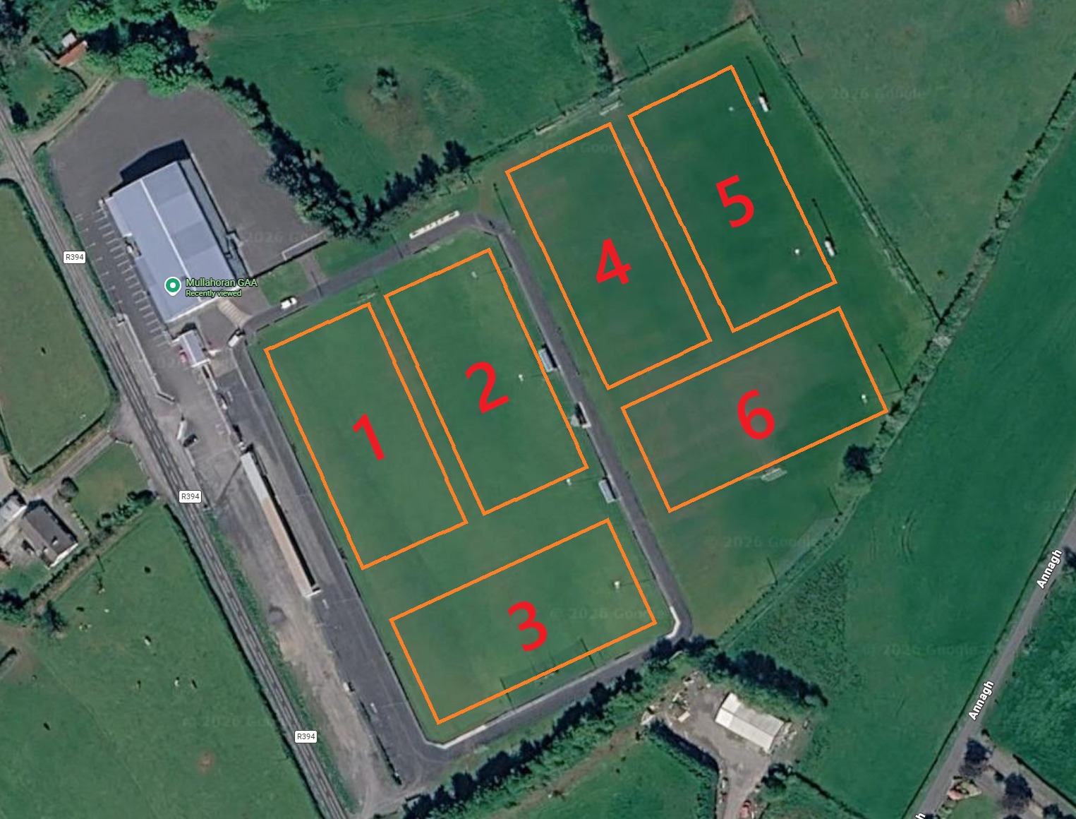 Satellite map of Mullahoran GAA grounds showing the layout of Pitches 1 to 6